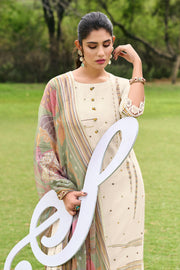 Elegant Beige Mal Chanderi Jacquard Embroidered Casual Salwar Kameez